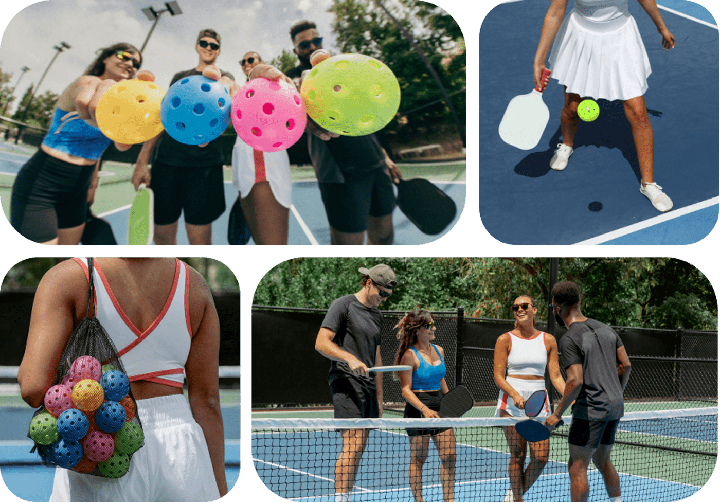 A collage of people playing pickleball, featuring colorful balls, paddles, and friends enjoying a game on an outdoor court.